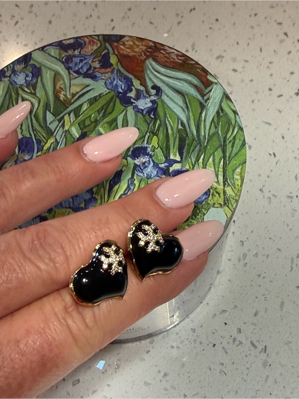 Tory Burch Black Heart Enamel Stud Earrings with Gold Accents